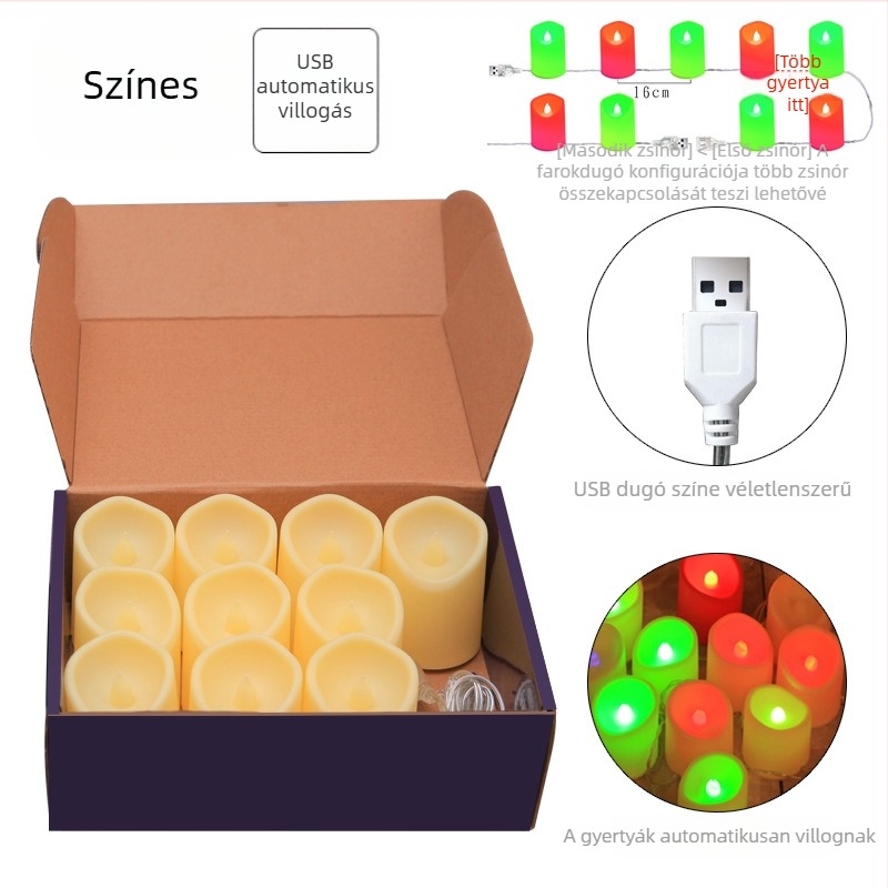 Fénylő gyertyák LED színes fényzsinórokkal, beltéri dekoráció, USB táplálás