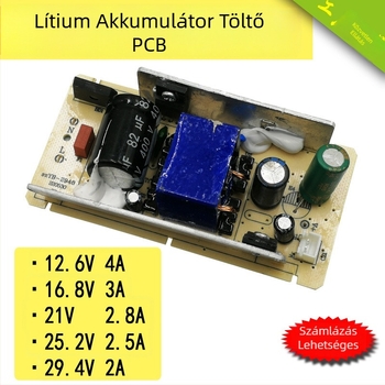 Lítium-ion akkumulátor töltő áramkörlap több kimenettel: 12.6V4A, 16.8V3A, 21V2.8A, 25.2V2.5A, 29.4V2A