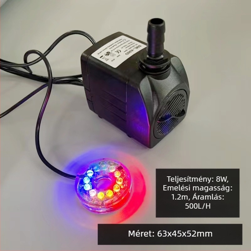 Semaron merülő vízszivattyú LED-es világítással akváriumhoz, kőzetes dekorációjú látványvilág, csendes működés