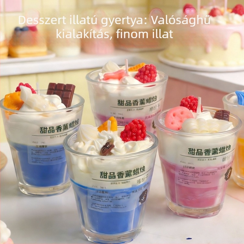 Desszert illatú aromagyertya kávéscsésze formájú, színátmenetes design, beltéri dekoráció, ajándék