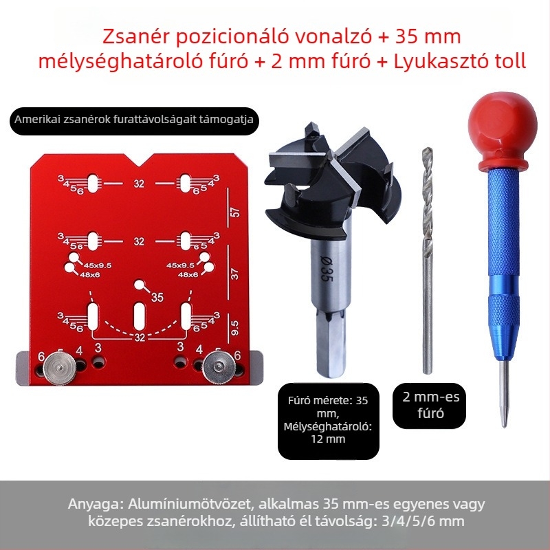 35 mm-es csukló furat-nyitó és pozicionáló eszköz szekrényajtókhoz, farostlemez fúróval