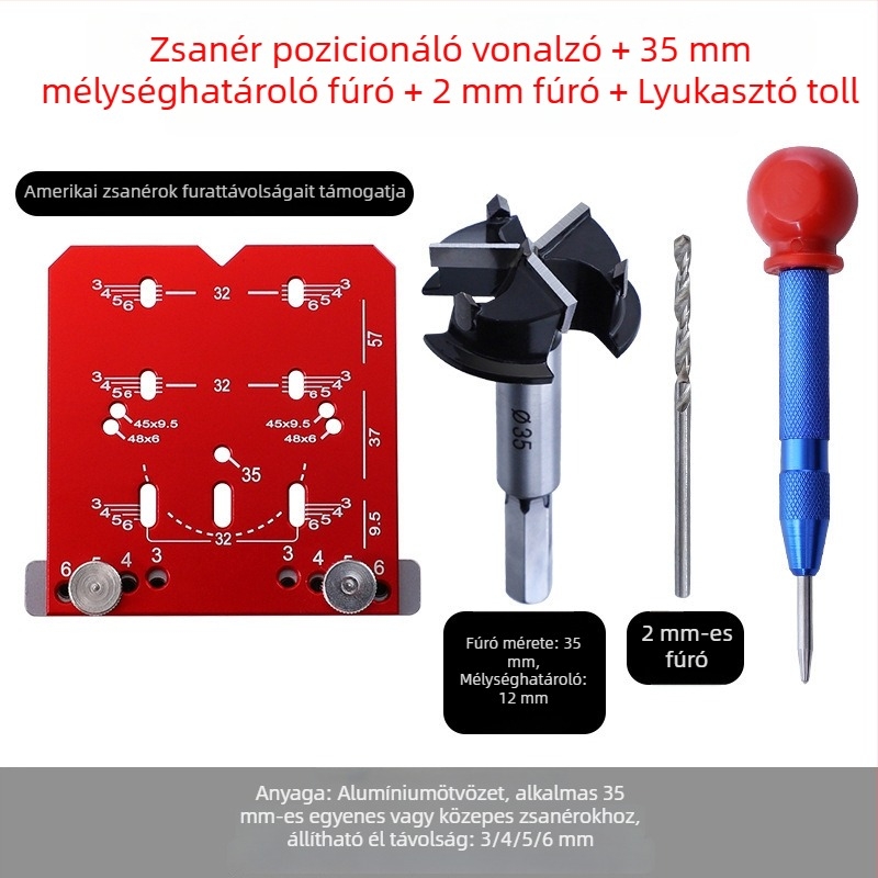 35 mm-es csukló furat-nyitó és pozicionáló eszköz szekrényajtókhoz, farostlemez fúróval