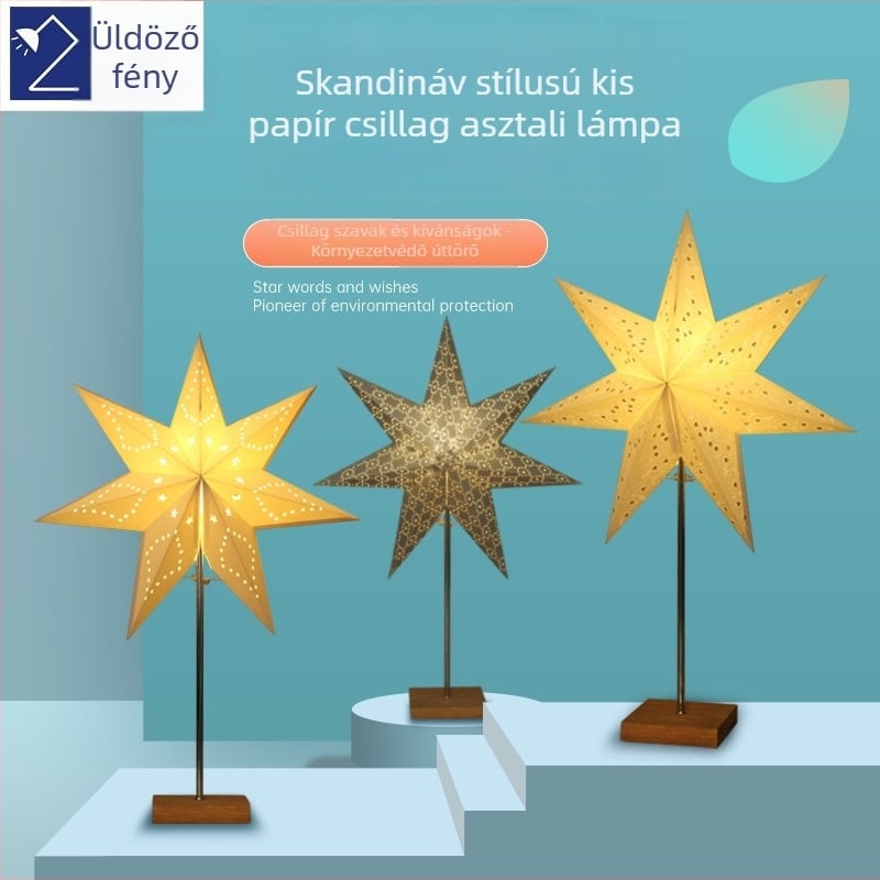 Skandináv karácsonyi asztali lámpa hétcsúcsú csillaggal és bolyhos felülettel – dekoratív álló éjjeli lámpa