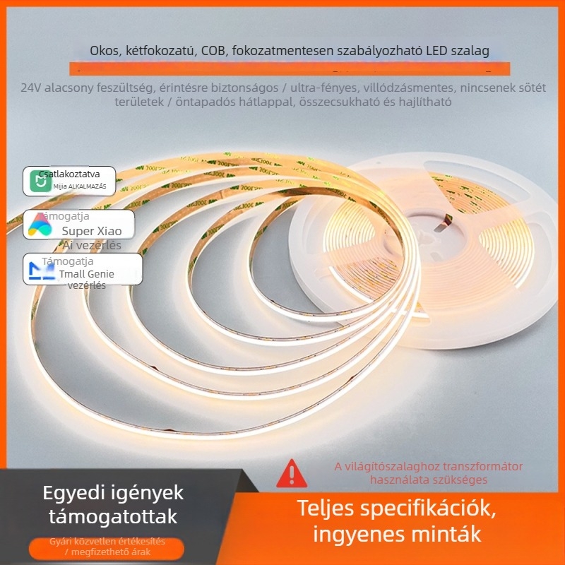 COB háromszínű dimmelhető LED-szalag öntapadó hátoldallal, intelligens vezérléssel, kompatibilis Mi Home-mal a folyamatos fényerő-szabályozásért