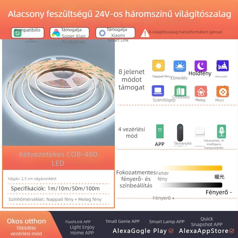 COB háromszínű dimmelhető LED-szalag öntapadó hátoldallal, intelligens vezérléssel, kompatibilis Mi Home-mal a folyamatos fényerő-szabályozásért