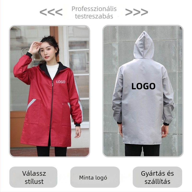 Női fleece-öltéses, szélvédett konyhai kötény hosszú ujjú, logónyomással, vízálló és olajálló