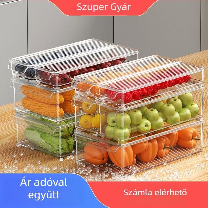 Hűtőszekrényhez való tároló doboz fogantyúval és fedéllel gyümölcsök, zöldségek és tojások számára