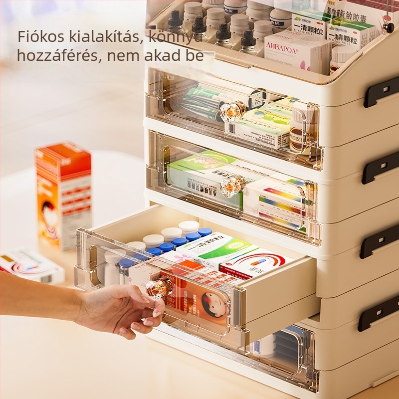 Átlátszó fedelű gyógyszeres doboz, négy rekeszes otthoni gyógyszer- és elsősegélytároló