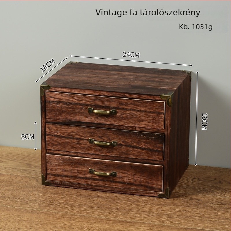 Tömörfából készült asztali tároló szekrény fiókokkal, több szintű, ajtóval, otthoni rendszerező