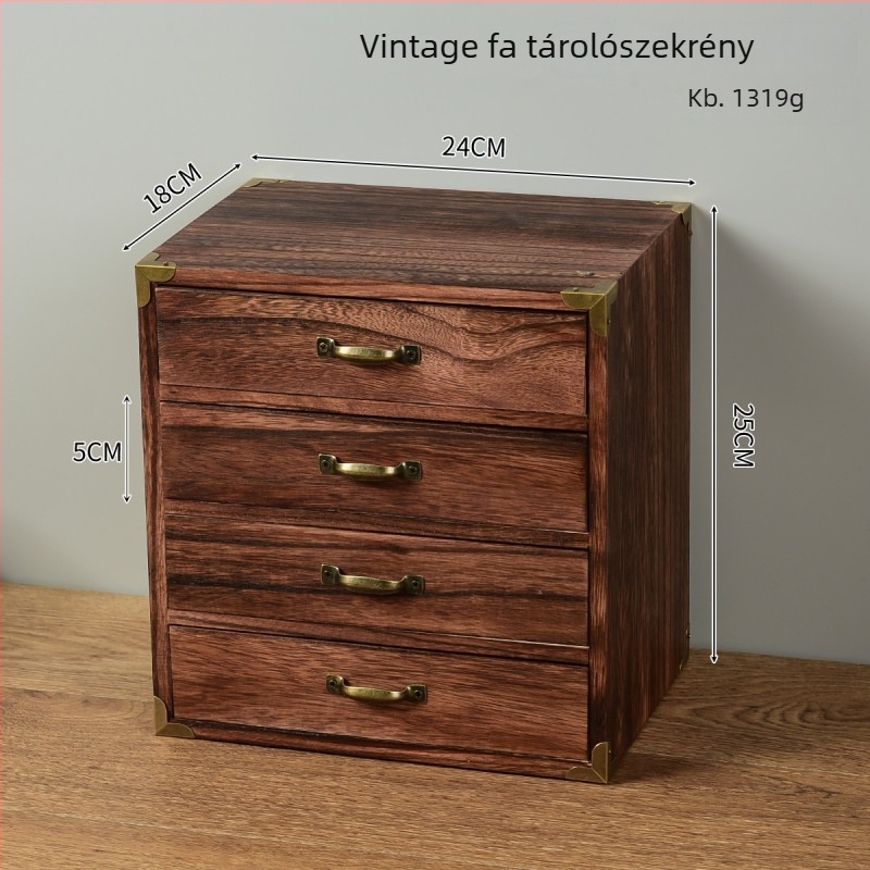 Tömörfából készült asztali tároló szekrény fiókokkal, több szintű, ajtóval, otthoni rendszerező