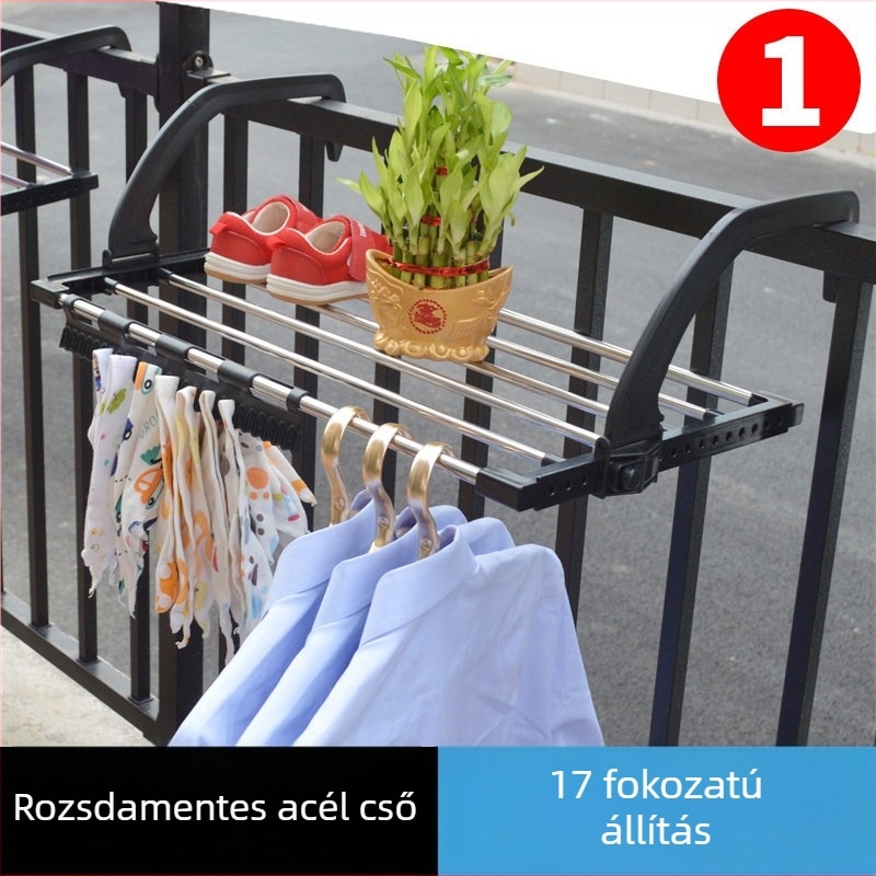 304-es rozsdamentes acélból készült padlóra szerelhető cipőszárító állvány, belső erkélyre, lopás elleni hálóval, akasztókkal és tárolóval