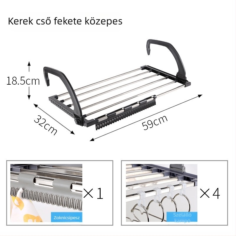 304-es rozsdamentes acélból készült padlóra szerelhető cipőszárító állvány, belső erkélyre, lopás elleni hálóval, akasztókkal és tárolóval