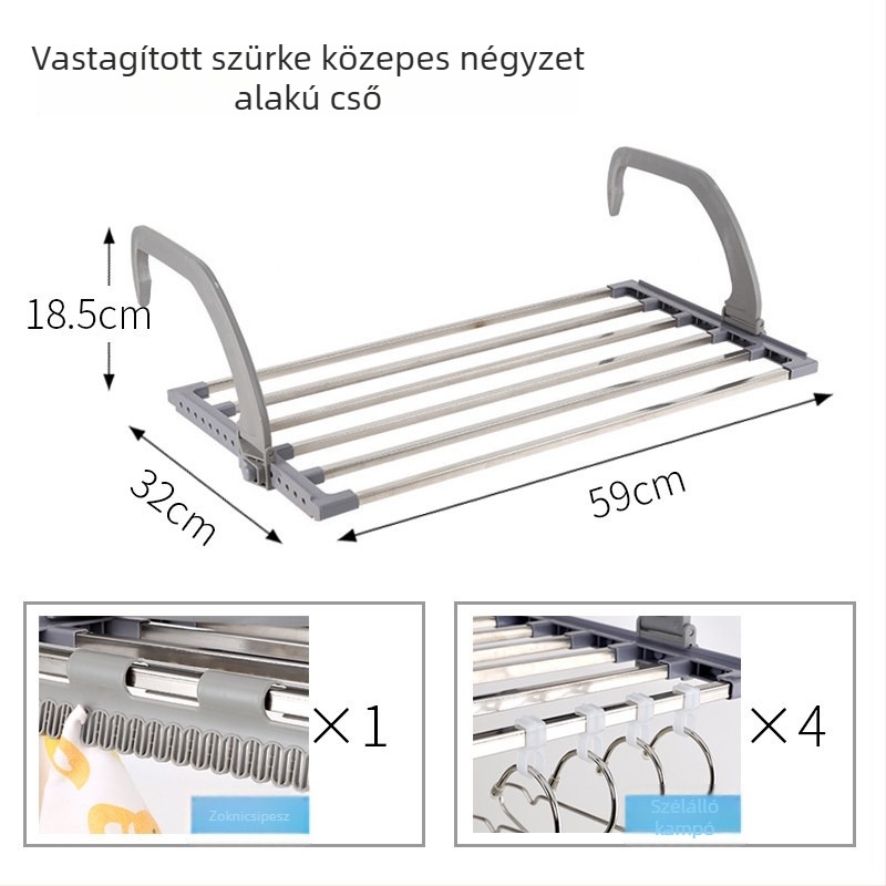304-es rozsdamentes acélból készült padlóra szerelhető cipőszárító állvány, belső erkélyre, lopás elleni hálóval, akasztókkal és tárolóval