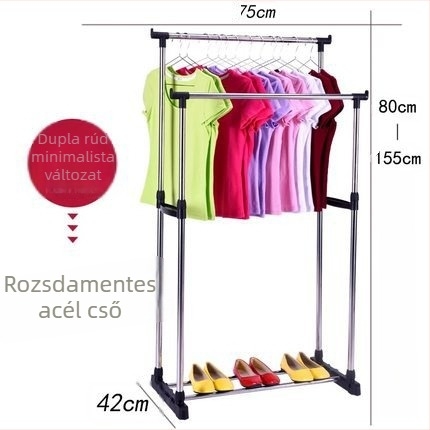 Rozsdamentes acél ruhaszárító állvány dupla rúddal, teleszkópos, összecsukható, padlón álló