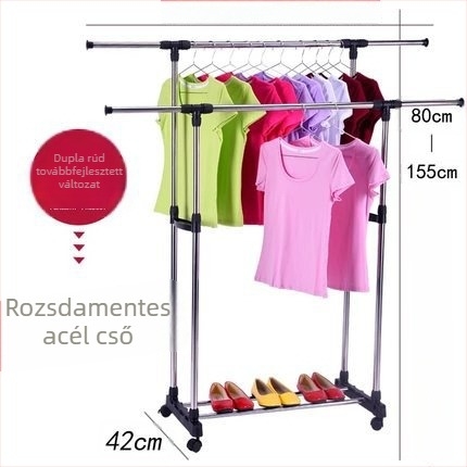 Rozsdamentes acél ruhaszárító állvány dupla rúddal, teleszkópos, összecsukható, padlón álló