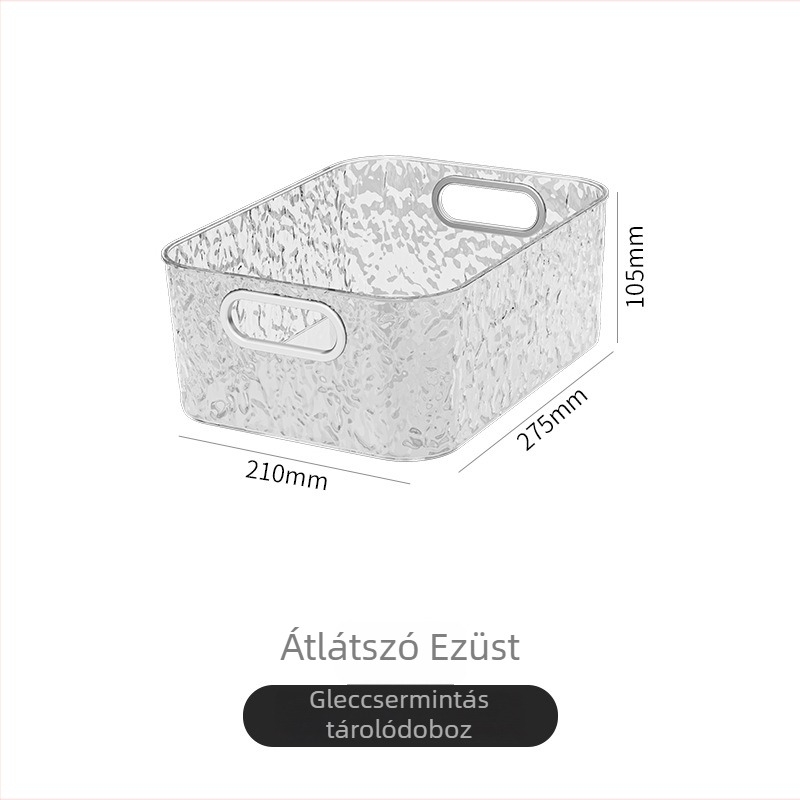 Átlátszó kozmetikai tároló asztal gleccserszínű mintával, könyvek rendezője, nappali elegáns tárolókosár.