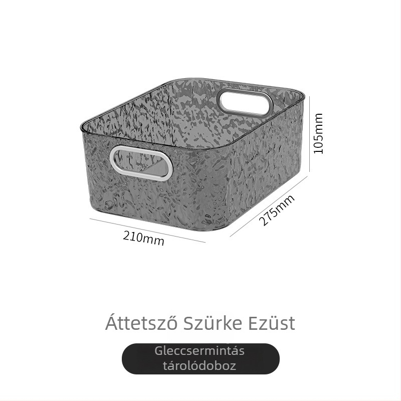 Átlátszó kozmetikai tároló asztal gleccserszínű mintával, könyvek rendezője, nappali elegáns tárolókosár.