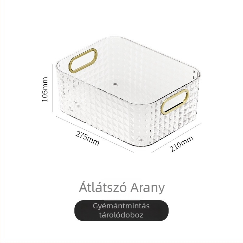 Átlátszó kozmetikai tároló asztal gleccserszínű mintával, könyvek rendezője, nappali elegáns tárolókosár.