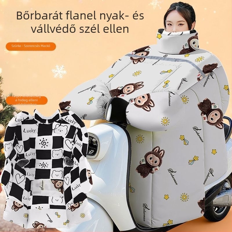 Téli flanelből készült szélálló vállvédő takaró motorkerékpárhoz és elektromos kerékpárhoz, vastag, fleece-betétes, meleg