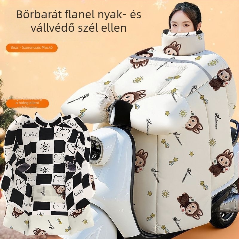 Téli flanelből készült szélálló vállvédő takaró motorkerékpárhoz és elektromos kerékpárhoz, vastag, fleece-betétes, meleg