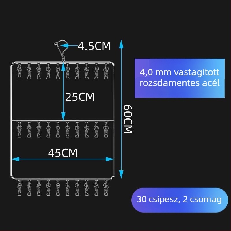 Rozsdamentes acél ruhaakasztó több klippel zoknikhoz és fehérneműhöz