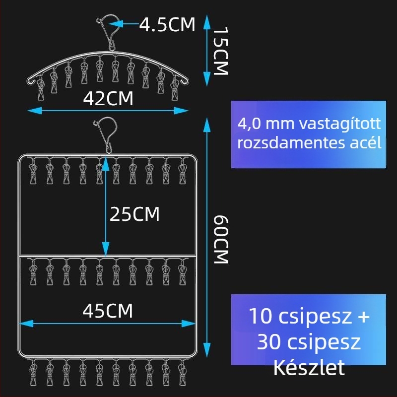 Rozsdamentes acél ruhaakasztó több klippel zoknikhoz és fehérneműhöz
