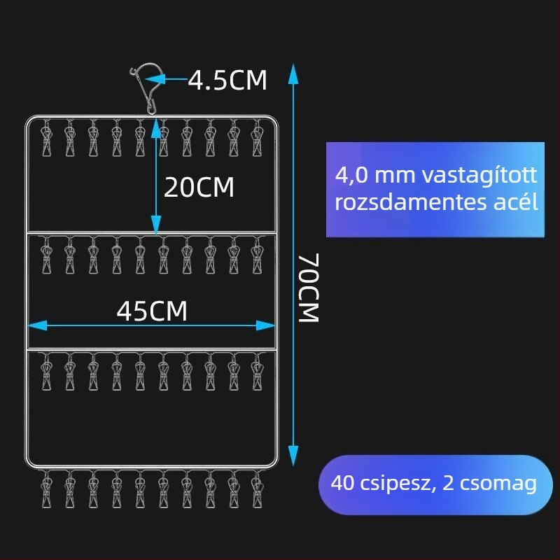 Rozsdamentes acél ruhaakasztó több klippel zoknikhoz és fehérneműhöz