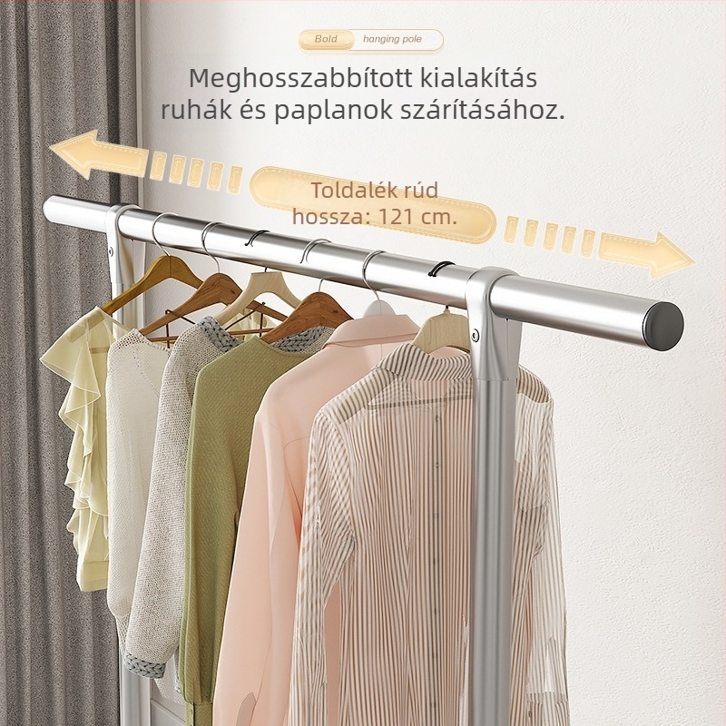 Rozsdamentes acél padlón álló belső ruhaszárító, balkonra vagy hálószobába, egyetlen rúddal, mozgatható