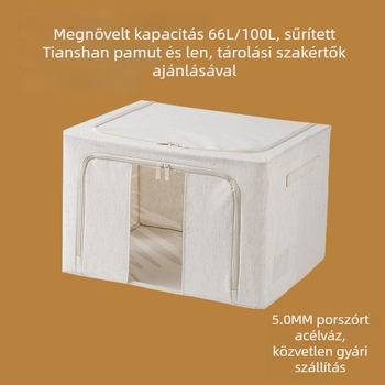 66 literes pamut- és vászon tároló doboz acélkerettel ruhásszekrényhez, mosható, vastagított PP lemezekkel, háromoldali nyitás
