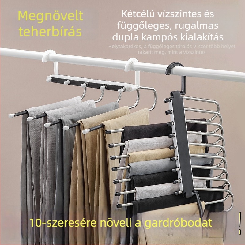 Rozsdamentes acél nadrágakasztó, vastagított, összecsukható, csúszásmentes, hajlás elleni, többszintű szekrényes tartó