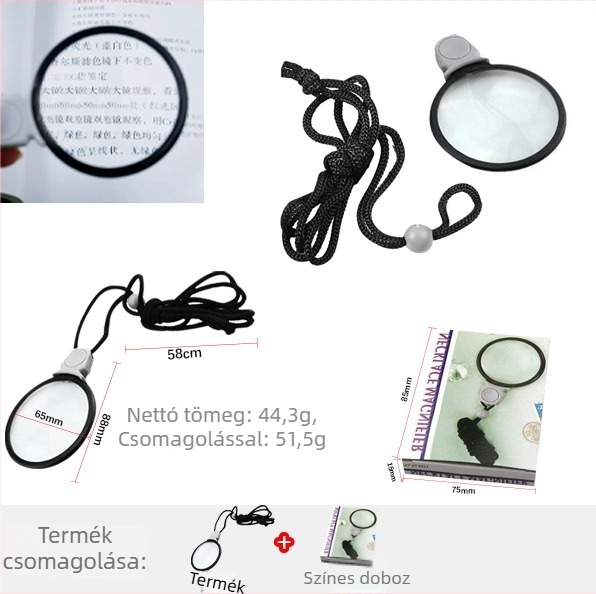 Chuda bőrtokos nagyító, kézi nagyító pánttal, hordozható medál nagyító 11089
