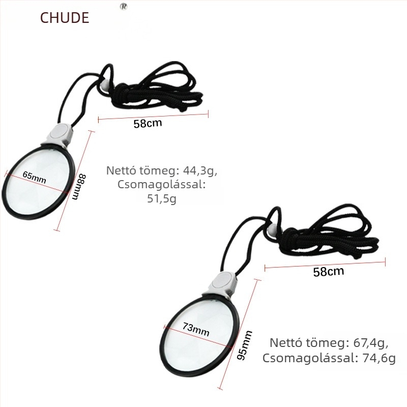 Chuda bőrtokos nagyító, kézi nagyító pánttal, hordozható medál nagyító 11089