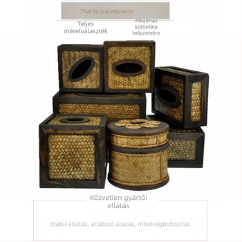 Fa zsebkendő tartó doboz fonott bambusz- és rattan mintával, retro stílusú, otthonra és az autóba.