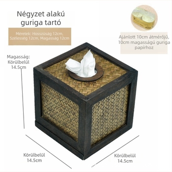Fa zsebkendő tartó doboz fonott bambusz- és rattan mintával, retro stílusú, otthonra és az autóba.