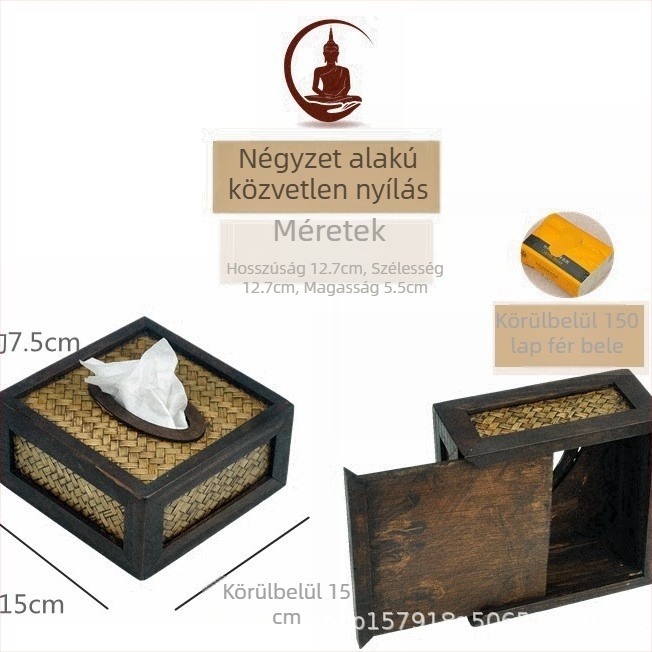 Fa zsebkendő tartó doboz fonott bambusz- és rattan mintával, retro stílusú, otthonra és az autóba.