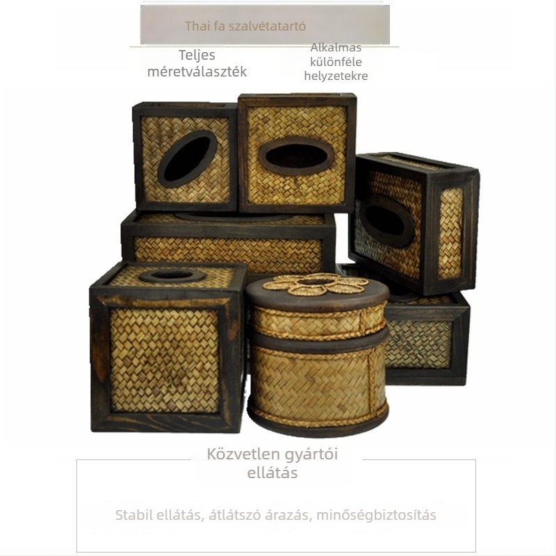Fa zsebkendő tartó doboz fonott bambusz- és rattan mintával, retro stílusú, otthonra és az autóba.