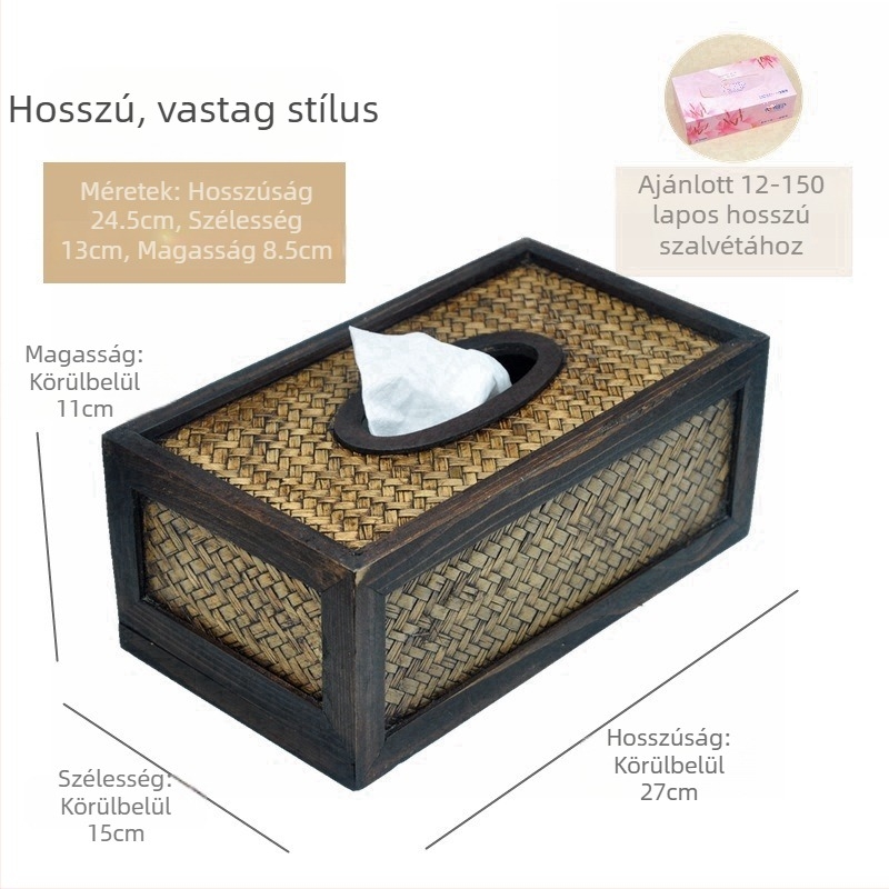 Fa zsebkendő tartó doboz fonott bambusz- és rattan mintával, retro stílusú, otthonra és az autóba.