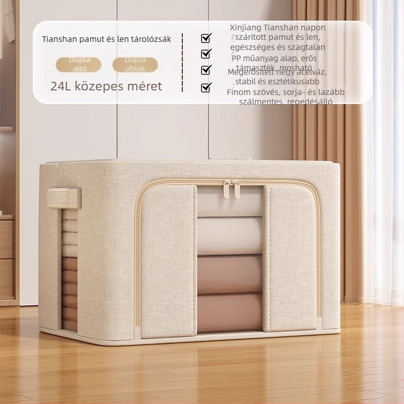 Összecsukható pamut- és lenanyagból készült ruhatároló doboz, nagy kapacitású gardrób rendező szezonális ruhákhoz és takarókhoz, 24L/66L/100L, hordozható, por- és nedvességálló