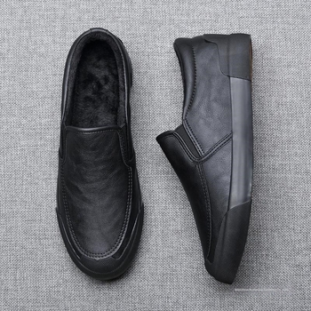 Férfi téli cipő meleg bélésű, PU bőr slip-on brogues, mindennapi viselet