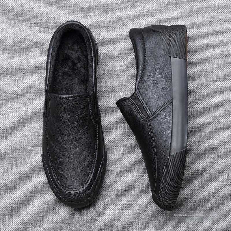 Férfi téli cipő meleg bélésű, PU bőr slip-on brogues, mindennapi viselet