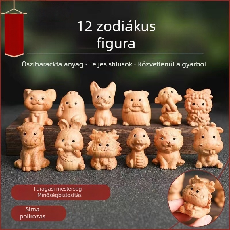 Őszibarackfából készült tizenkét zodiákus faragvány – fa dekoráció irodába és otthonra