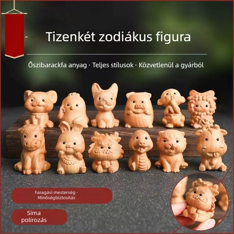 Őszibarackfából készült tizenkét zodiákus faragvány – fa dekoráció irodába és otthonra