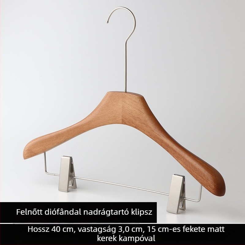 Gumifa anyagú ruhaakasztó dióbarna finish-sel, csúszásmentes, nadrágtartó-állvánnyal