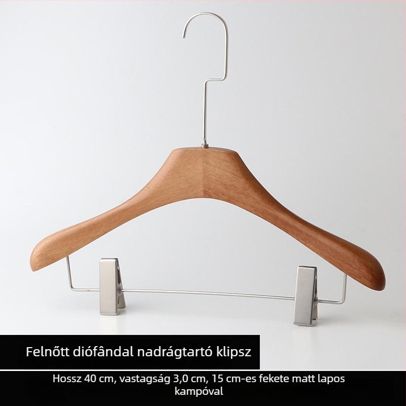Gumifa anyagú ruhaakasztó dióbarna finish-sel, csúszásmentes, nadrágtartó-állvánnyal