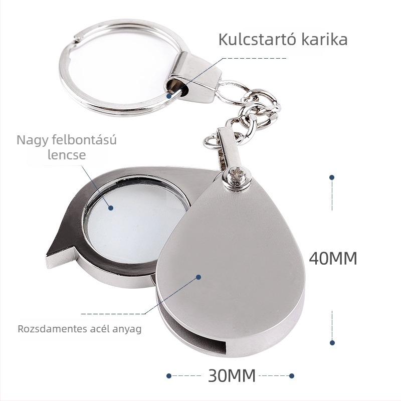 Kisméretű, összecsukható, hordozható nagyító fém kulcstartóban, olvasáshoz könyvek és újságok.