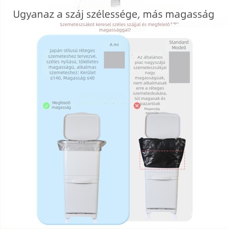 Japán stílusú kétszintes szemetes kuka széles nyílással, nagy méretű, téglalap alakú, vastagodott falú