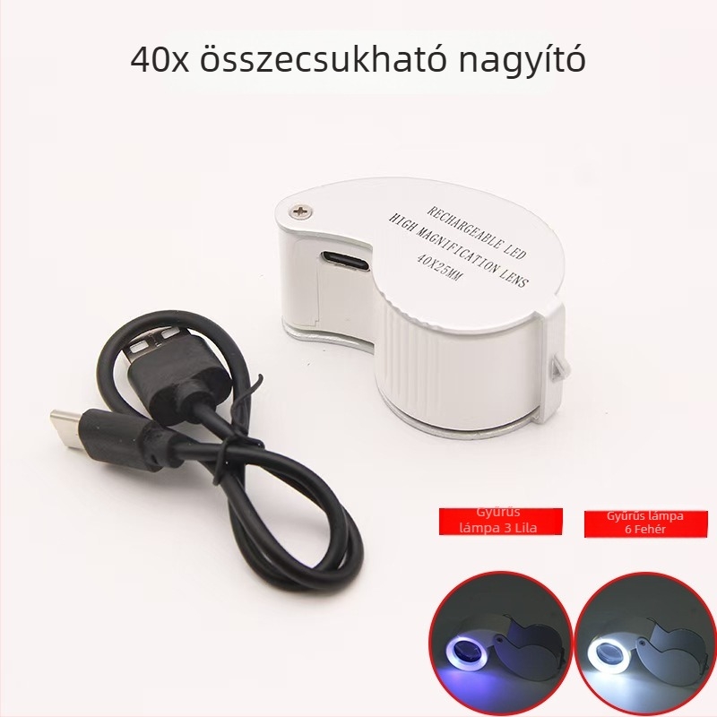 Kompakt USB-töltéses LED-es világítású nagyító ékszerek és jade azonosításához, 40x–60x nagyítás