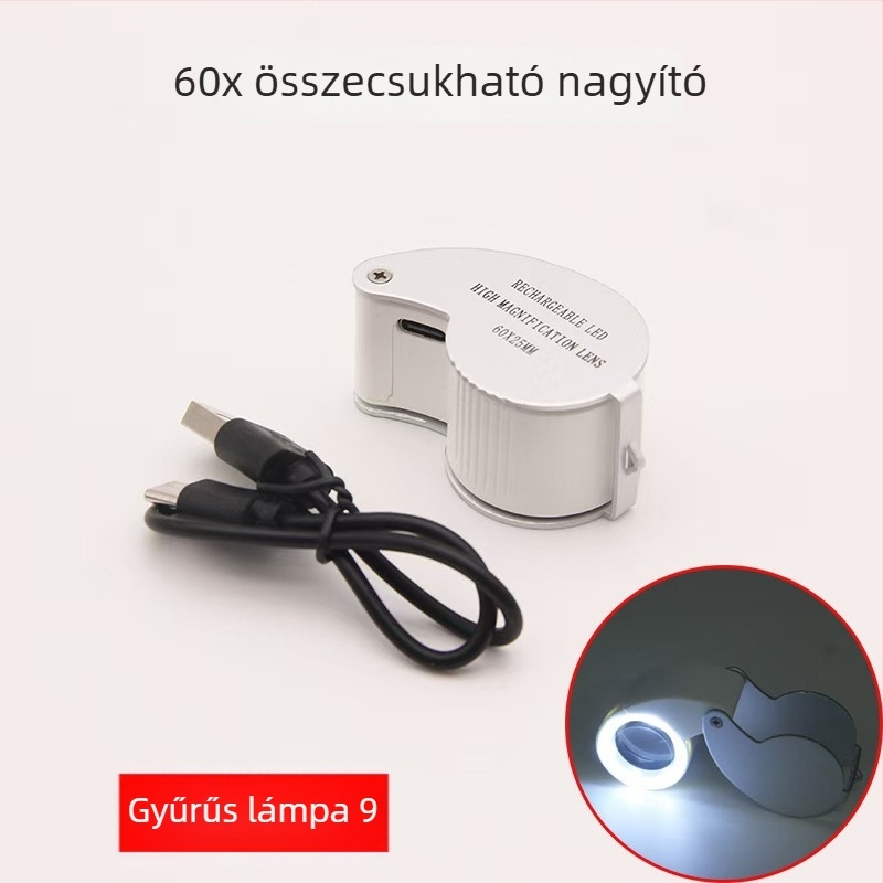 Kompakt USB-töltéses LED-es világítású nagyító ékszerek és jade azonosításához, 40x–60x nagyítás