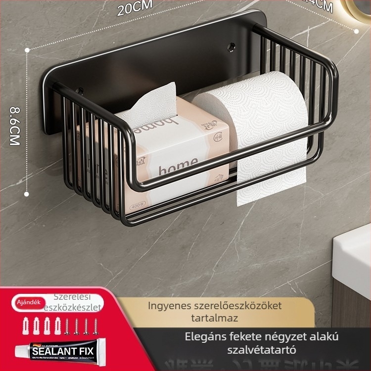 Fali vécépapír tartó fúrás nélkül, fekete alumínium ötvözet, négyszögletes kialakítás
