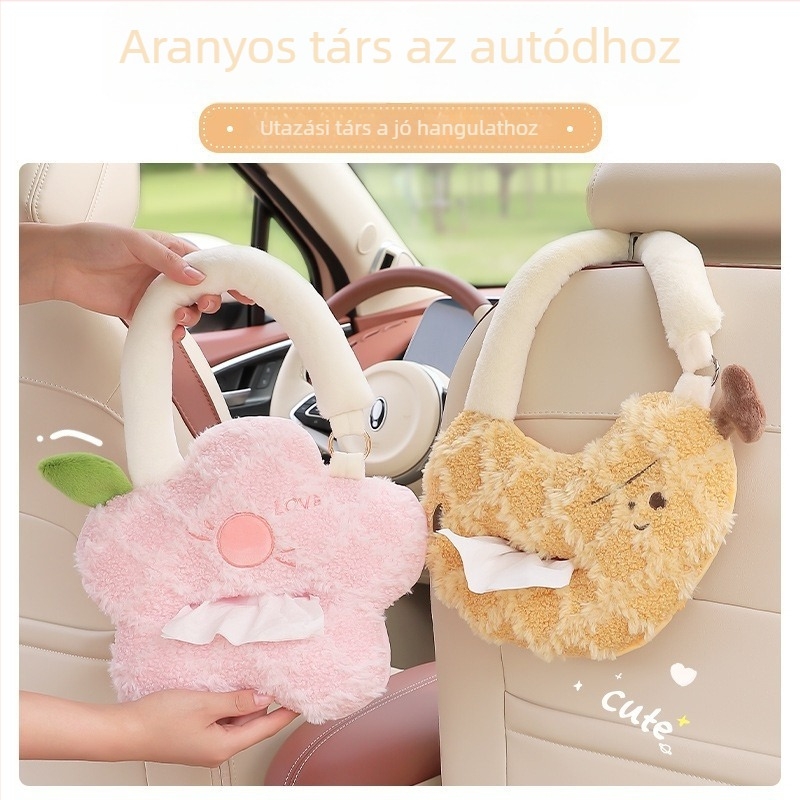 Autóba akasztható zsebkendő-doboz, puha plüss kivitel, belső dekorációhoz a hátsó üléshez